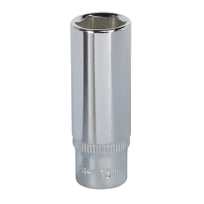 The Sealey WallDrive® Socket 13mm Deep 1/4"Sq Drive Fully Polished - SP1413D is crafted from cold-forged Chrome Vanadium steel, featuring a chrome finish and an upright standing design. This Premier Hand Tool also comes with a lifetime guarantee.