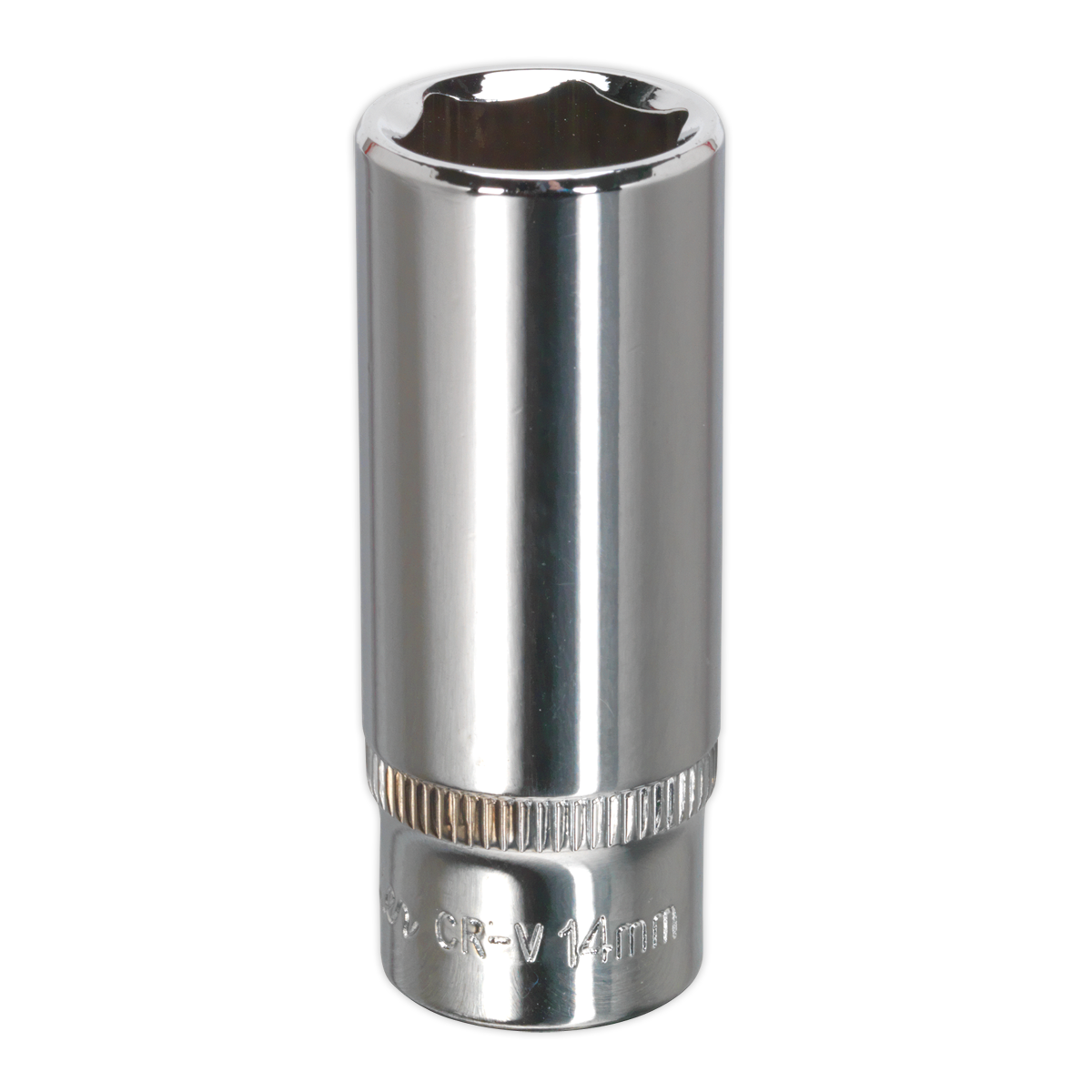 The Sealey WallDrive® Socket 14mm Deep 1/4"Sq Drive Fully Polished - SP1414D is a shiny, silver Chrome Vanadium steel socket wrench attachment with "CR-V 14mm" engraved on the side. This tool features a hexagonal opening and a cylindrical shape.