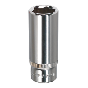 The Sealey WallDrive® Socket 14mm Deep 1/4"Sq Drive Fully Polished - SP1414D is a shiny, silver Chrome Vanadium steel socket wrench attachment with "CR-V 14mm" engraved on the side. This tool features a hexagonal opening and a cylindrical shape.