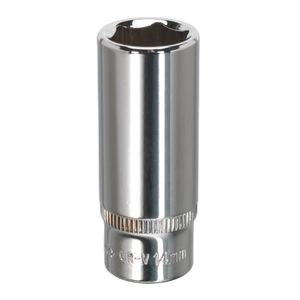 The Sealey WallDrive® Socket 14mm Deep 1/4"Sq Drive Fully Polished - SP1414D is a shiny, silver Chrome Vanadium steel socket wrench attachment with "CR-V 14mm" engraved on the side. This tool features a hexagonal opening and a cylindrical shape.