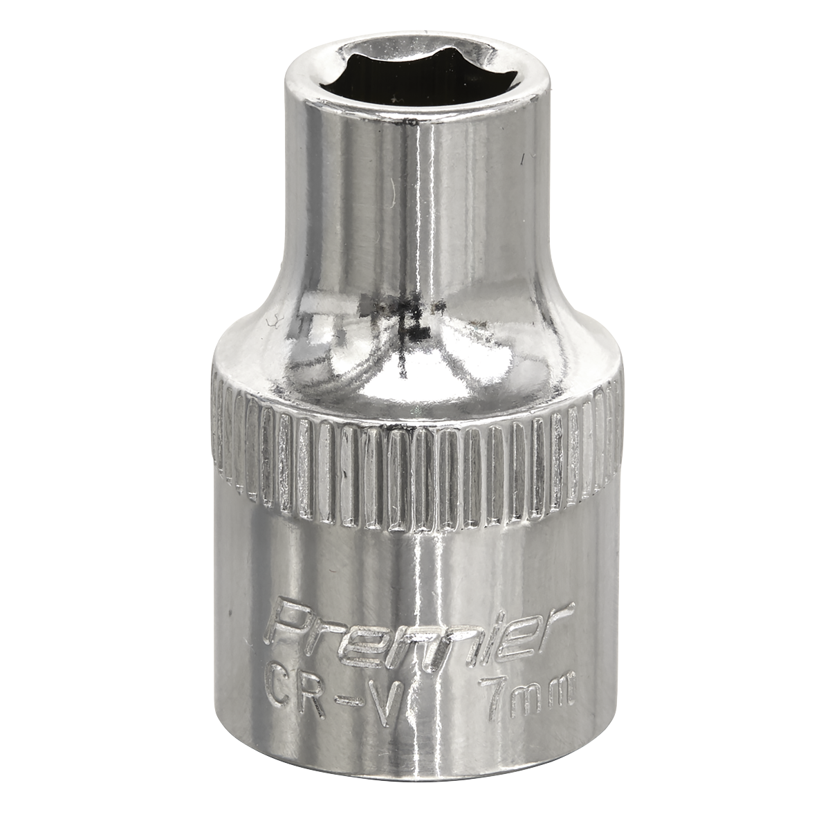 A Sealey WallDrive® 7mm socket, fully polished with a 3/8" square drive, is crafted from chrome vanadium steel and features a knurled grip along with the engraving "Premier CR-V 7mm" on its side for optimal performance. Product code: SP3807.