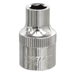 A Sealey WallDrive® 7mm socket, fully polished with a 3/8" square drive, is crafted from chrome vanadium steel and features a knurled grip along with the engraving "Premier CR-V 7mm" on its side for optimal performance. Product code: SP3807.