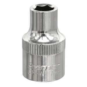 A Sealey WallDrive® 7mm socket, fully polished with a 3/8" square drive, is crafted from chrome vanadium steel and features a knurled grip along with the engraving "Premier CR-V 7mm" on its side for optimal performance. Product code: SP3807.