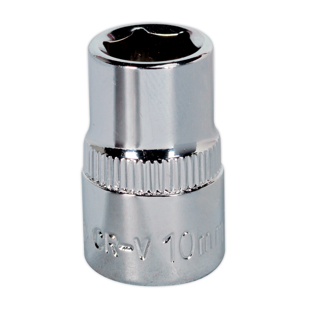 The Sealey WallDrive® Socket 10mm 3/8"Sq Drive Fully Polished - SP3810 features a shiny, metallic finish with engraved "CR-V" text and a knurled midsection for grip. It's expertly crafted from durable Chrome Vanadium steel and comes with a lifetime guarantee.