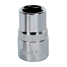 The Sealey WallDrive® Socket 10mm 3/8"Sq Drive Fully Polished - SP3810 features a shiny, metallic finish with engraved "CR-V" text and a knurled midsection for grip. It's expertly crafted from durable Chrome Vanadium steel and comes with a lifetime guarantee.