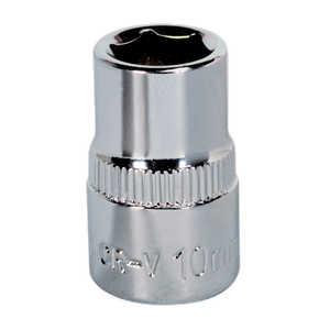 The Sealey WallDrive® Socket 10mm 3/8"Sq Drive Fully Polished - SP3810 features a shiny, metallic finish with engraved "CR-V" text and a knurled midsection for grip. It's expertly crafted from durable Chrome Vanadium steel and comes with a lifetime guarantee.