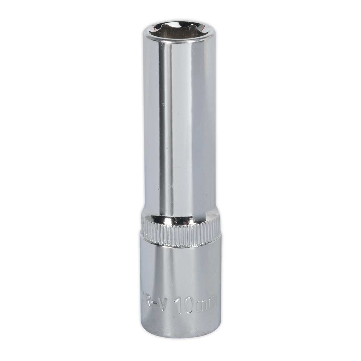 A shiny, Chrome Vanadium steel WallDrive® socket attachment with a 10mm marking from Sealey features the renowned WallDrive® socket configuration and comes fully polished in the model SP3810D.