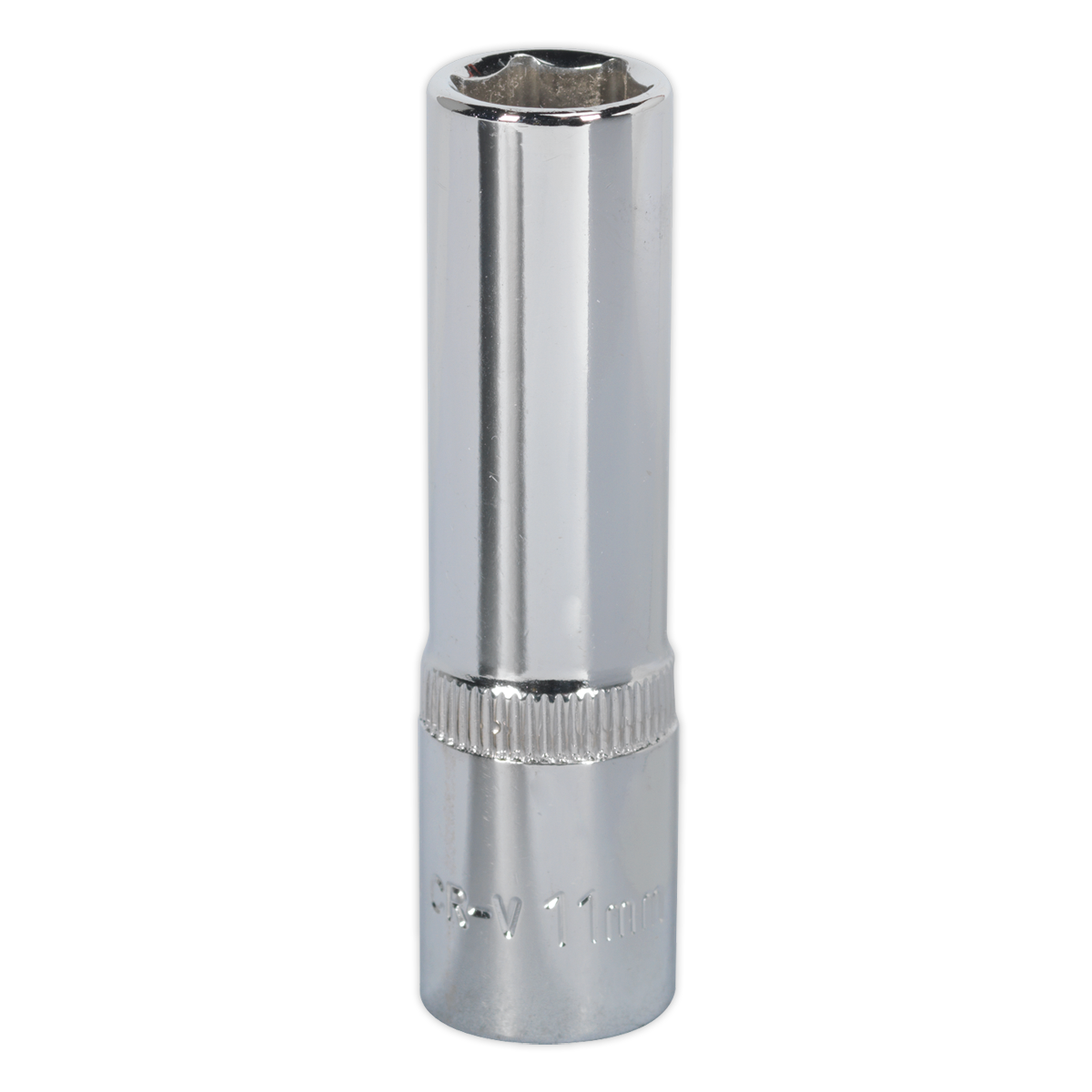 The Sealey WallDrive® Socket 11mm Deep 3/8"Sq Drive Fully Polished - SP3811D is a shiny, metallic socket wrench made from chrome vanadium steel with a deep socket design, featuring an 11mm label near the base and backed by a lifetime guarantee.