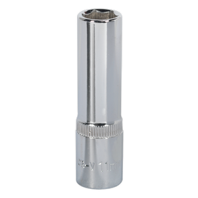 The Sealey WallDrive® Socket 11mm Deep 3/8"Sq Drive Fully Polished - SP3811D is a shiny, metallic socket wrench made from chrome vanadium steel with a deep socket design, featuring an 11mm label near the base and backed by a lifetime guarantee.