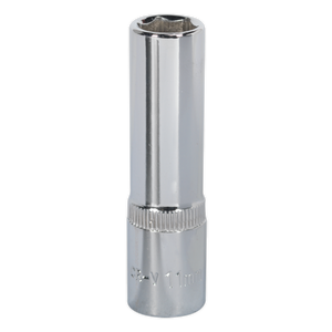 The Sealey WallDrive® Socket 11mm Deep 3/8"Sq Drive Fully Polished - SP3811D is a shiny, metallic socket wrench made from chrome vanadium steel with a deep socket design, featuring an 11mm label near the base and backed by a lifetime guarantee.