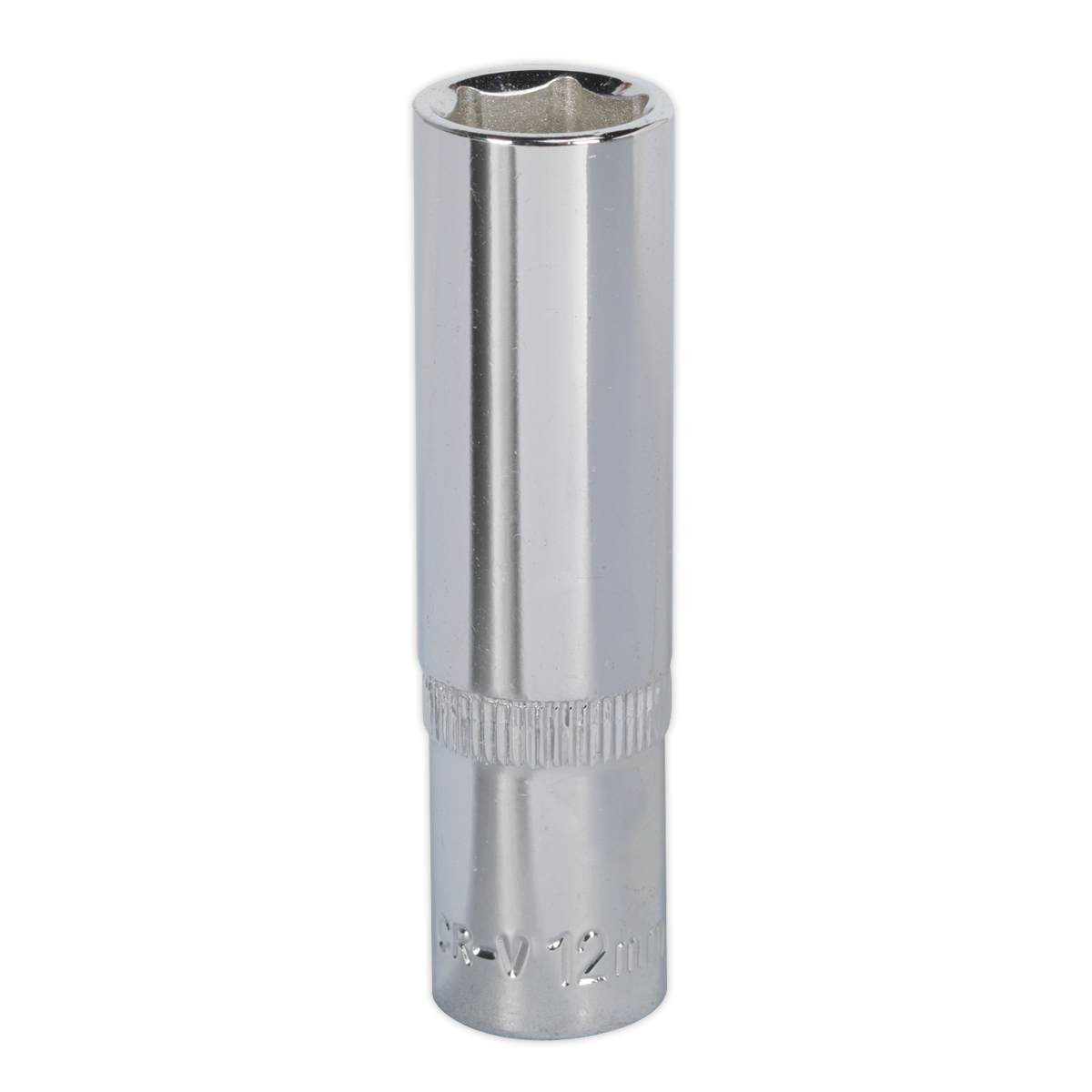 The Sealey WallDrive® Socket 12mm Deep 3/8" Square Drive Fully Polished, model SP3812D, features a six-point hexagonal opening and a knurled grip near the base. This Premier Hand Tools product is made from durable Chrome Vanadium steel.