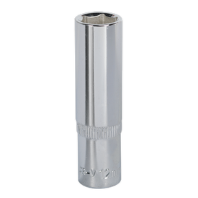 The Sealey WallDrive® Socket 12mm Deep 3/8" Square Drive Fully Polished, model SP3812D, features a six-point hexagonal opening and a knurled grip near the base. This Premier Hand Tools product is made from durable Chrome Vanadium steel.