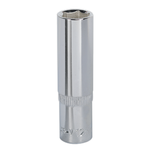 The Sealey WallDrive® Socket 12mm Deep 3/8" Square Drive Fully Polished, model SP3812D, features a six-point hexagonal opening and a knurled grip near the base. This Premier Hand Tools product is made from durable Chrome Vanadium steel.