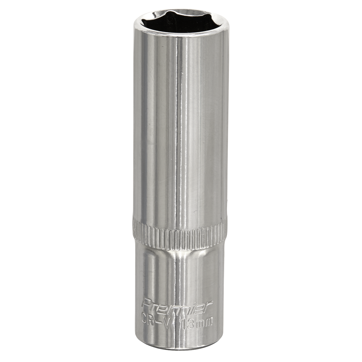 A fully polished 13mm deep WallDrive® socket with a 3/8" square drive from Sealey, featuring a knurled grip section and "SP3813D" engraved near the base. Crafted from Chrome Vanadium steel by Premier Hand Tools.