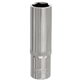 A fully polished 13mm deep WallDrive® socket with a 3/8" square drive from Sealey, featuring a knurled grip section and "SP3813D" engraved near the base. Crafted from Chrome Vanadium steel by Premier Hand Tools.