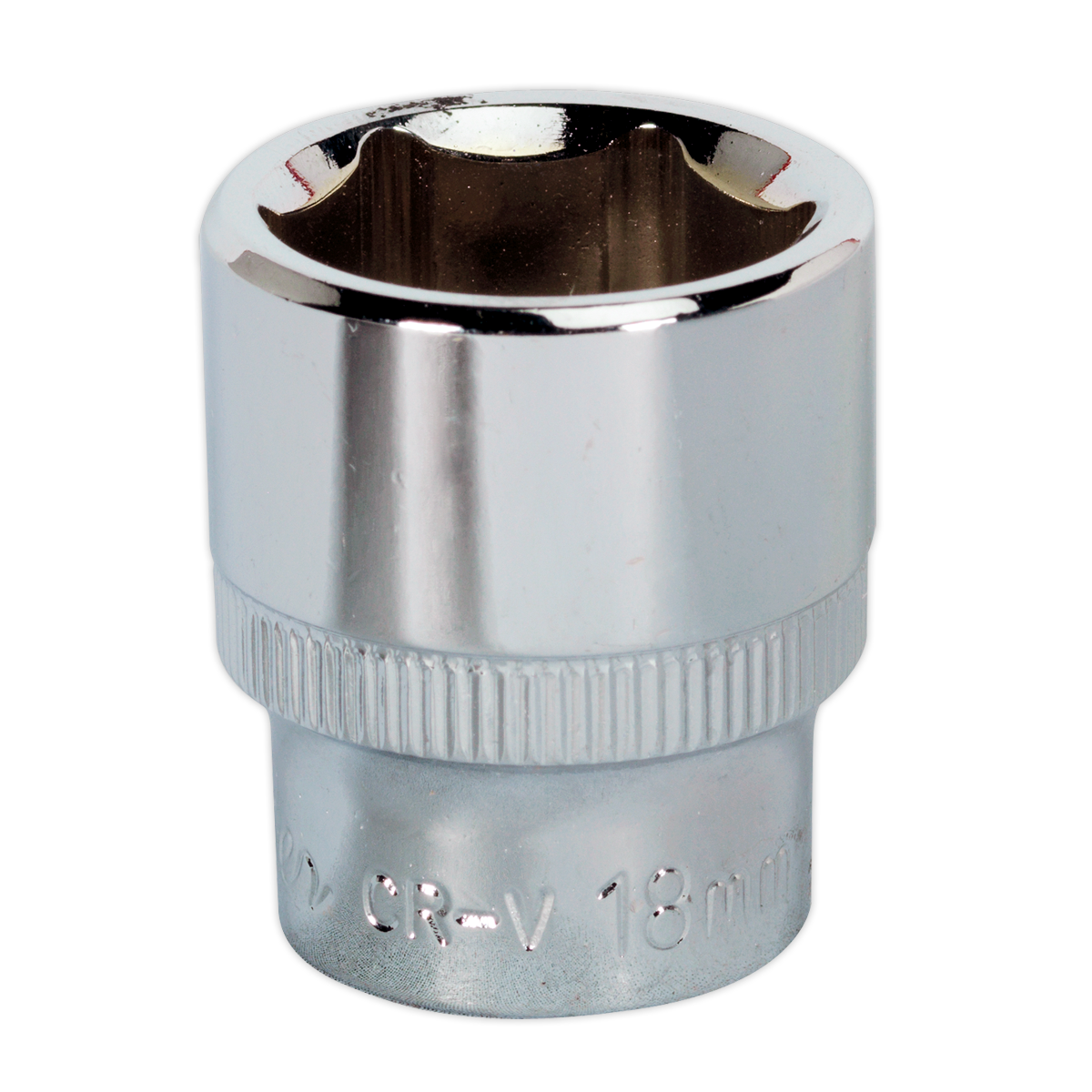 A close-up image of a shiny, fully polished Sealey WallDrive® Socket 18mm 3/8" square drive attachment with "SP3818" engraved on its side, showcasing the superior quality of Premier Hand Tools.