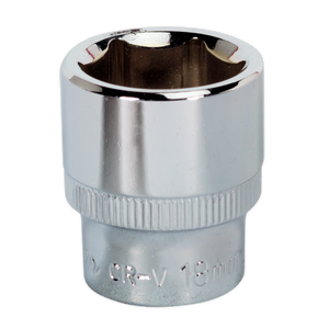 A close-up image of a shiny, fully polished Sealey WallDrive® Socket 18mm 3/8" square drive attachment with "SP3818" engraved on its side, showcasing the superior quality of Premier Hand Tools.