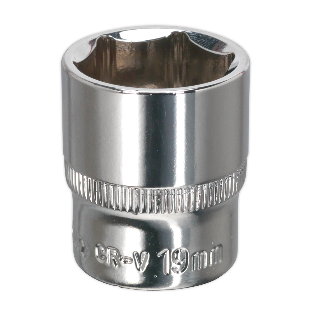 The WallDrive® Socket 19mm 3/8"Sq Drive Fully Polished - SP3819 by Sealey is a Chrome Vanadium steel socket with a six-point design, ideal for tightening or loosening nuts and bolts. This professional-grade tool is backed by a lifetime guarantee and is part of the Premier Hand Tools collection.