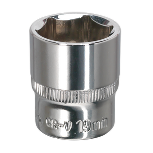 The WallDrive® Socket 19mm 3/8"Sq Drive Fully Polished - SP3819 by Sealey is a Chrome Vanadium steel socket with a six-point design, ideal for tightening or loosening nuts and bolts. This professional-grade tool is backed by a lifetime guarantee and is part of the Premier Hand Tools collection.