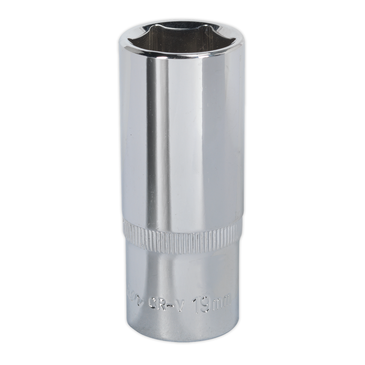 A Sealey WallDrive® Socket 19mm Deep 3/8"Sq Drive Fully Polished (SP3819D) features a 19mm size marking and is crafted from durable Chrome Vanadium steel.