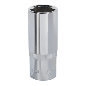 A Sealey WallDrive® Socket 19mm Deep 3/8"Sq Drive Fully Polished (SP3819D) features a 19mm size marking and is crafted from durable Chrome Vanadium steel.