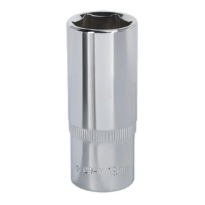 A Sealey WallDrive® Socket 19mm Deep 3/8"Sq Drive Fully Polished (SP3819D) features a 19mm size marking and is crafted from durable Chrome Vanadium steel.