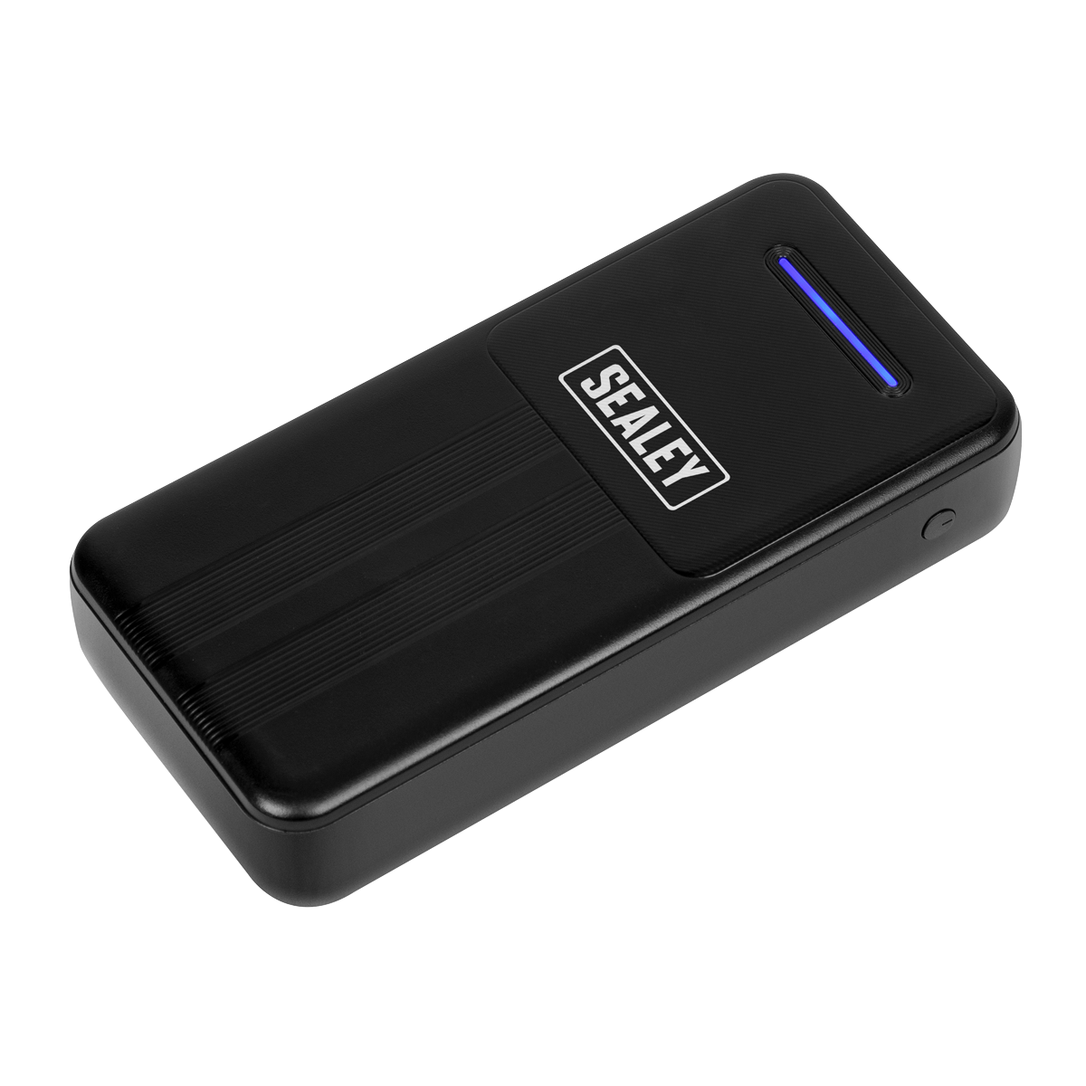 The Sealey Portable Power Bank 10W 20000mAh - SPB102 is a black electronic device with a rectangular design, featuring a subtle LED indicator and a power button on its side, supporting both Micro USB and Type-C input.