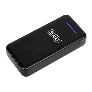 The Sealey Portable Power Bank 10W 20000mAh - SPB102 is a black electronic device with a rectangular design, featuring a subtle LED indicator and a power button on its side, supporting both Micro USB and Type-C input.