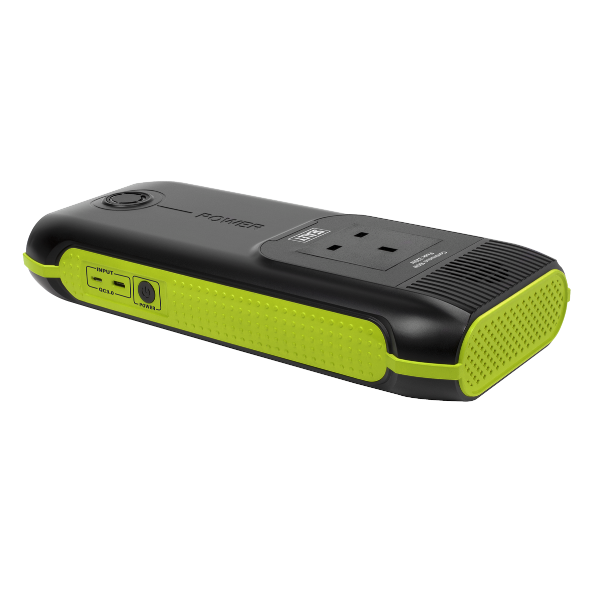 Image of the Sealey Power Pack 160W AC (SPB160W) featuring a black and green portable design with 31200mAh Lithium-ion battery capacity, standard outlet, USB ports, and an on/off button. Perfect for providing full charges for smartphones and tablets.