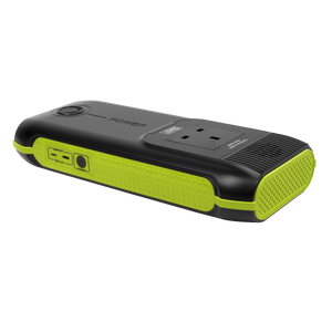 Image of the Sealey Power Pack 160W AC (SPB160W) featuring a black and green portable design with 31200mAh Lithium-ion battery capacity, standard outlet, USB ports, and an on/off button. Perfect for providing full charges for smartphones and tablets.