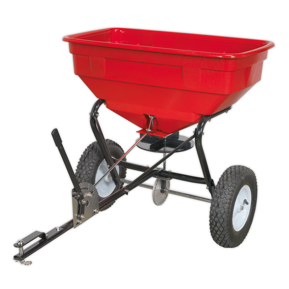 The Sealey Broadcast Spreader 57kg Tow Behind - SPB57T features an adjustable feed system and is designed with a red body, black frame, and two large white heavy-duty pneumatic tyres.