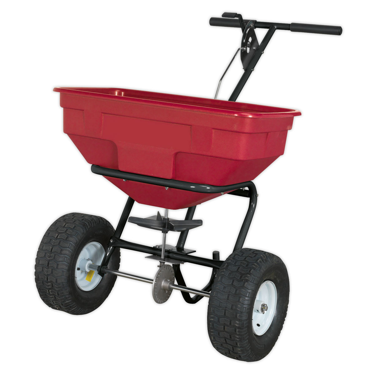 The Sealey Broadcast Spreader 57kg Walk Behind - SPB57W features a red and black design, metal frame, heavy-duty pneumatic tires, an adjustable feed system, and two handles.