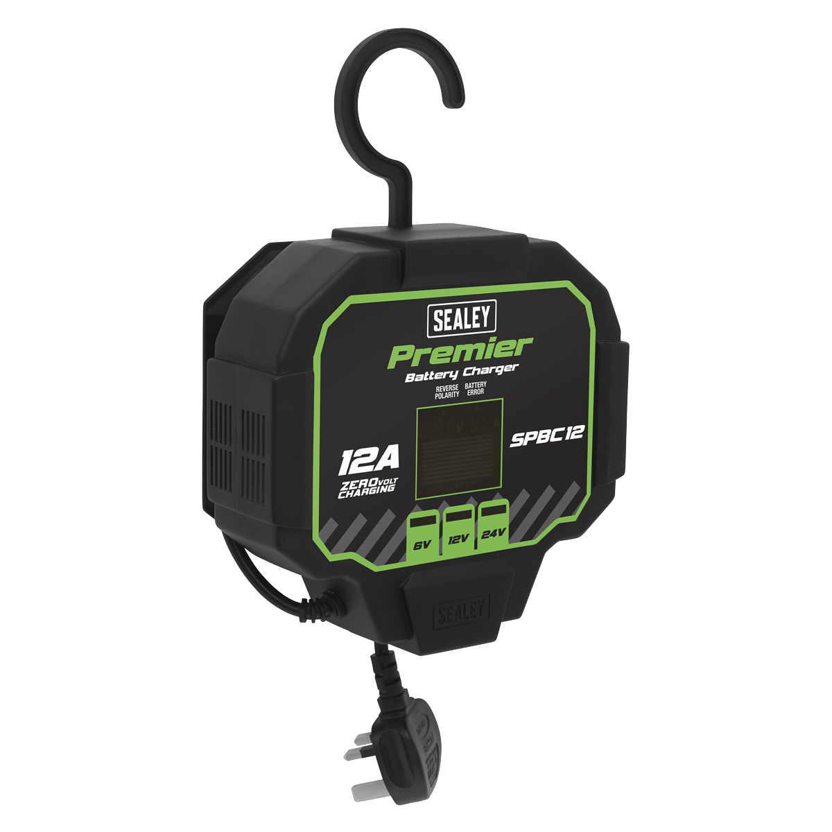 A Sealey Battery Maintainer Charger 12A Fully Automatic - SPBC12, showcasing a black and green design, complete with trickle charging capabilities, a UK plug, and a convenient hanging hook at the top.