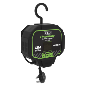 A Sealey Battery Maintainer Charger 12A Fully Automatic - SPBC12, showcasing a black and green design, complete with trickle charging capabilities, a UK plug, and a convenient hanging hook at the top.