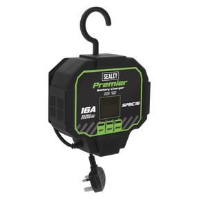 The Sealey Battery Maintainer Charger 16A Fully Automatic - SPBC16 comes equipped with a hanging hook and a plug. The device features labels such as “16A,” “8V,” “16V,” “24V,” and "6 QUIK CHARGER," ensuring efficient trickle charging for various needs.