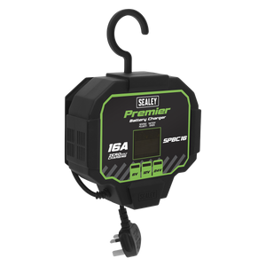 The Sealey Battery Maintainer Charger 16A Fully Automatic - SPBC16 comes equipped with a hanging hook and a plug. The device features labels such as “16A,” “8V,” “16V,” “24V,” and "6 QUIK CHARGER," ensuring efficient trickle charging for various needs.