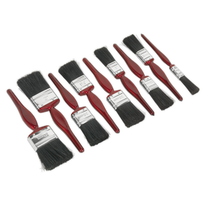 The Sealey Pure Bristle Paint Brush Set 9pc - SPBS9 includes nine paint brushes with pure bristles and red composite handles, arranged in three rows, and featuring sleek chrome ferrules.