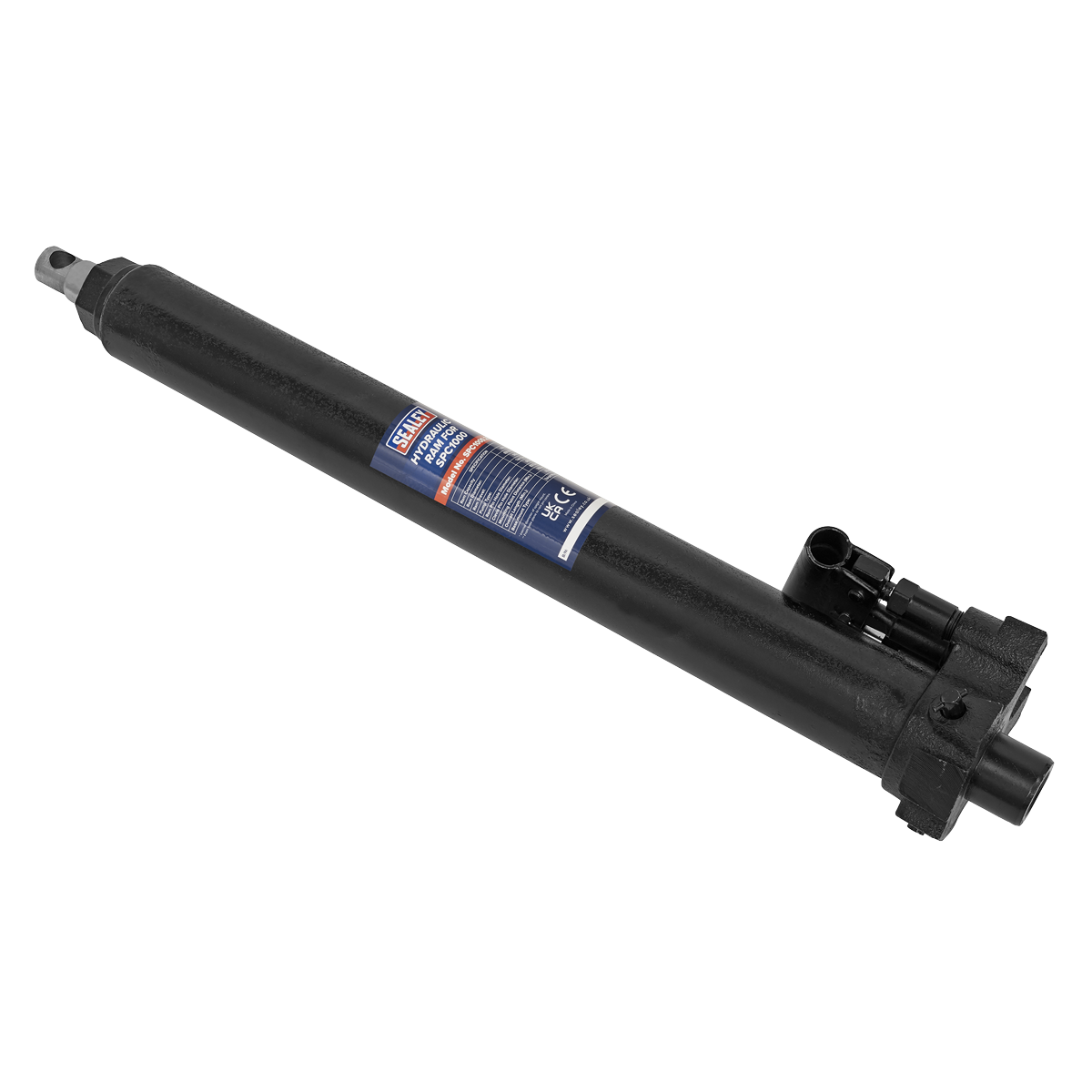 Image of a black hydraulic cylinder with attached tubing, featuring a blue and red label with specifications and certification markings. This Sealey Hydraulic Ram for SPC1000 - model SPC1000.28 is compatible with the SPC1000 engine crane.