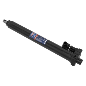 Image of a black hydraulic cylinder with attached tubing, featuring a blue and red label with specifications and certification markings. This Sealey Hydraulic Ram for SPC1000 - model SPC1000.28 is compatible with the SPC1000 engine crane.