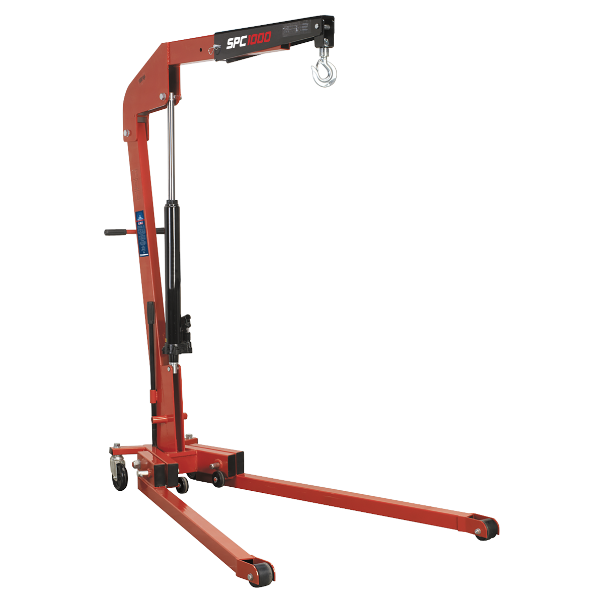 The Sealey Folding Engine Crane 1 Tonne - SPC1000 is a red hydraulic hoist with black accents, equipped with a heavy-duty forged lifting hook at the end of an adjustable arm and mounted on wheels for mobility. Ideal for professional workshop use.