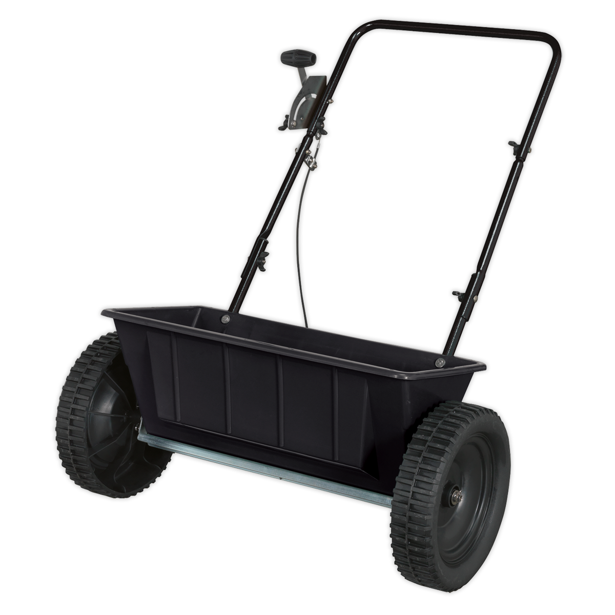 The Sealey Drop Spreader 27kg Walk Behind (SPD27W) is a black, two-wheeled device with a handlebar for pushing and features a rectangular polyethylene dispensing hopper for holding materials.