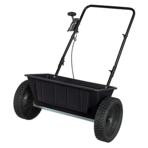 The Sealey Drop Spreader 27kg Walk Behind (SPD27W) is a black, two-wheeled device with a handlebar for pushing and features a rectangular polyethylene dispensing hopper for holding materials.