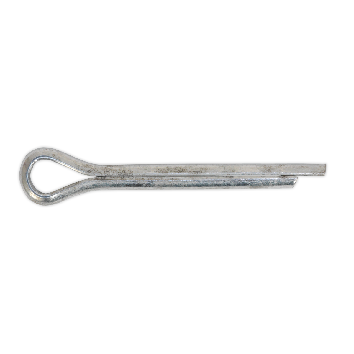 A Sealey Split Pin 4 x 41mm (Pack of 100, Product Code: SPI107) features a zinc-plated steel construction with a looped head and split shank, packaged in a resealable bag.