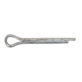 A Sealey Split Pin 4 x 41mm (Pack of 100, Product Code: SPI107) features a zinc-plated steel construction with a looped head and split shank, packaged in a resealable bag.
