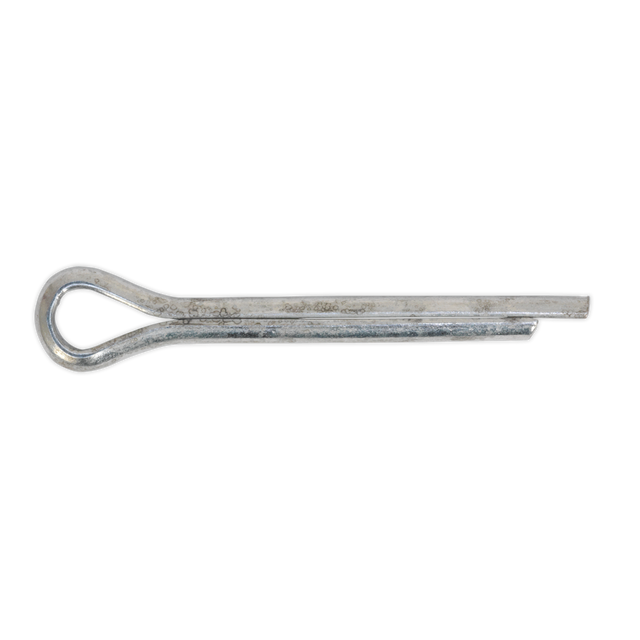 A Sealey Split Pin 4 x 41mm (Pack of 100, Product Code: SPI107) features a zinc-plated steel construction with a looped head and split shank, packaged in a resealable bag.