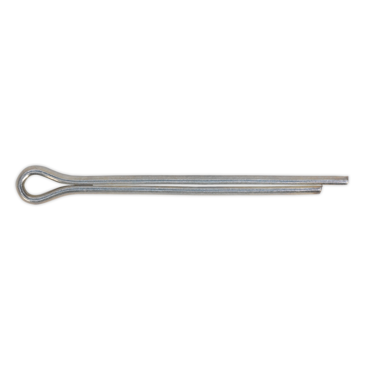 A single Sealey Split Pin 4 x 51mm (Pack of 100 - SKU: SPI108) is made from zinc-plated steel, featuring a looped head and bifurcated, bent prongs, designed to securely fasten two parts together.