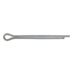 A single Sealey Split Pin 4 x 51mm (Pack of 100 - SKU: SPI108) is made from zinc-plated steel, featuring a looped head and bifurcated, bent prongs, designed to securely fasten two parts together.