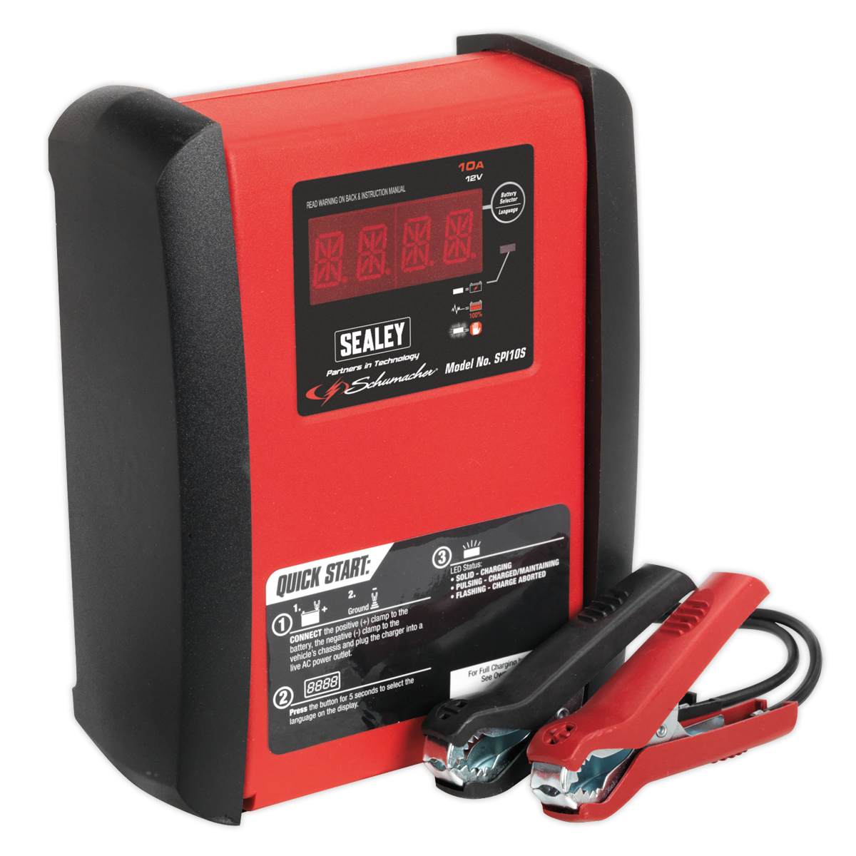 A red Sealey Schumacher® Intelligent Speed Charge Battery Charger/Maintainer 10A 12V with a digital display and attached black and red alligator clamps. Model number SPI10S is visible. Equipped with Speed Charge technology, it also features an automatic float mode for efficient charging.