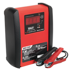 A red Sealey Schumacher® Intelligent Speed Charge Battery Charger/Maintainer 10A 12V with a digital display and attached black and red alligator clamps. Model number SPI10S is visible. Equipped with Speed Charge technology, it also features an automatic float mode for efficient charging.