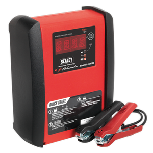 A red Sealey Schumacher® Intelligent Speed Charge Battery Charger/Maintainer 10A 12V with a digital display and attached black and red alligator clamps. Model number SPI10S is visible. Equipped with Speed Charge technology, it also features an automatic float mode for efficient charging.